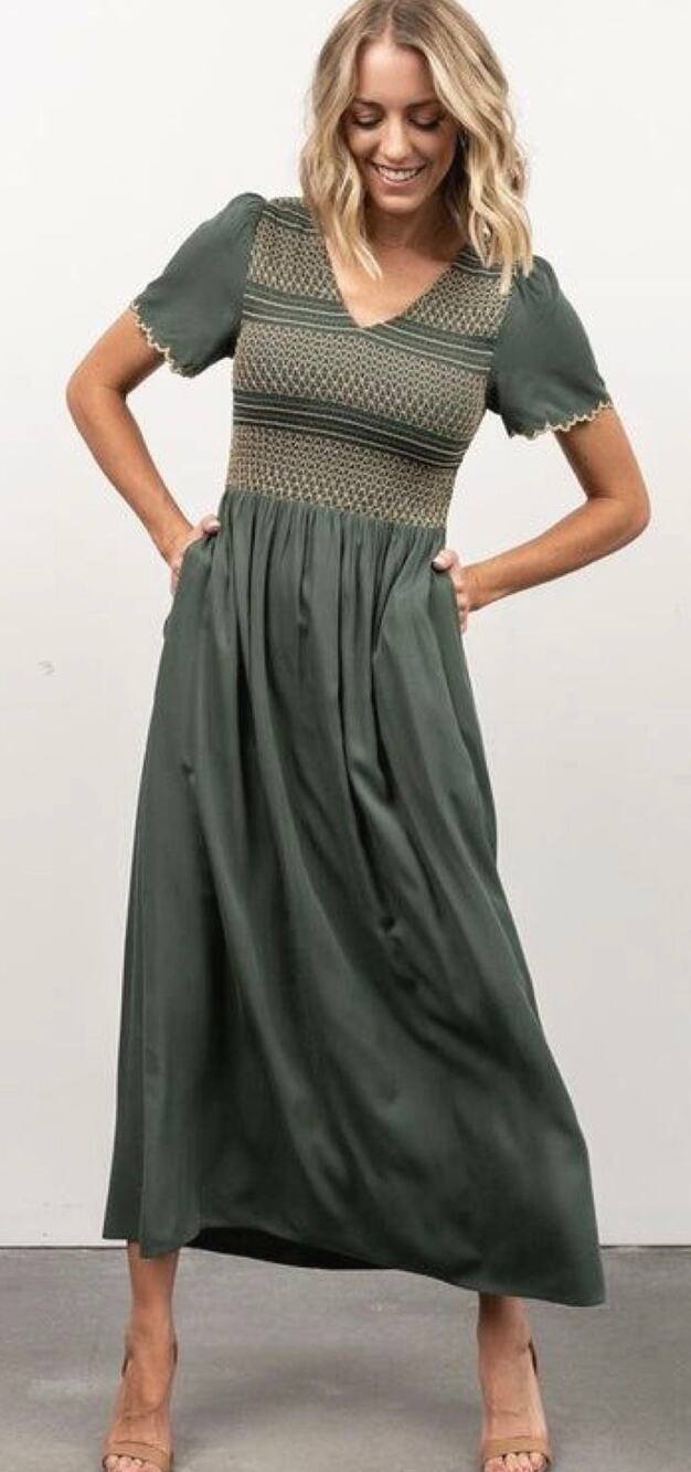 Baltic Born Verona Smocked Maxi Dress Green Embroidered Size 1XL Pockets Cottage